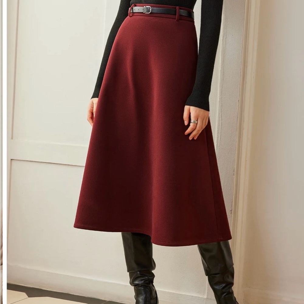 Commense Deep Red A-Line Skirt with Black Belt